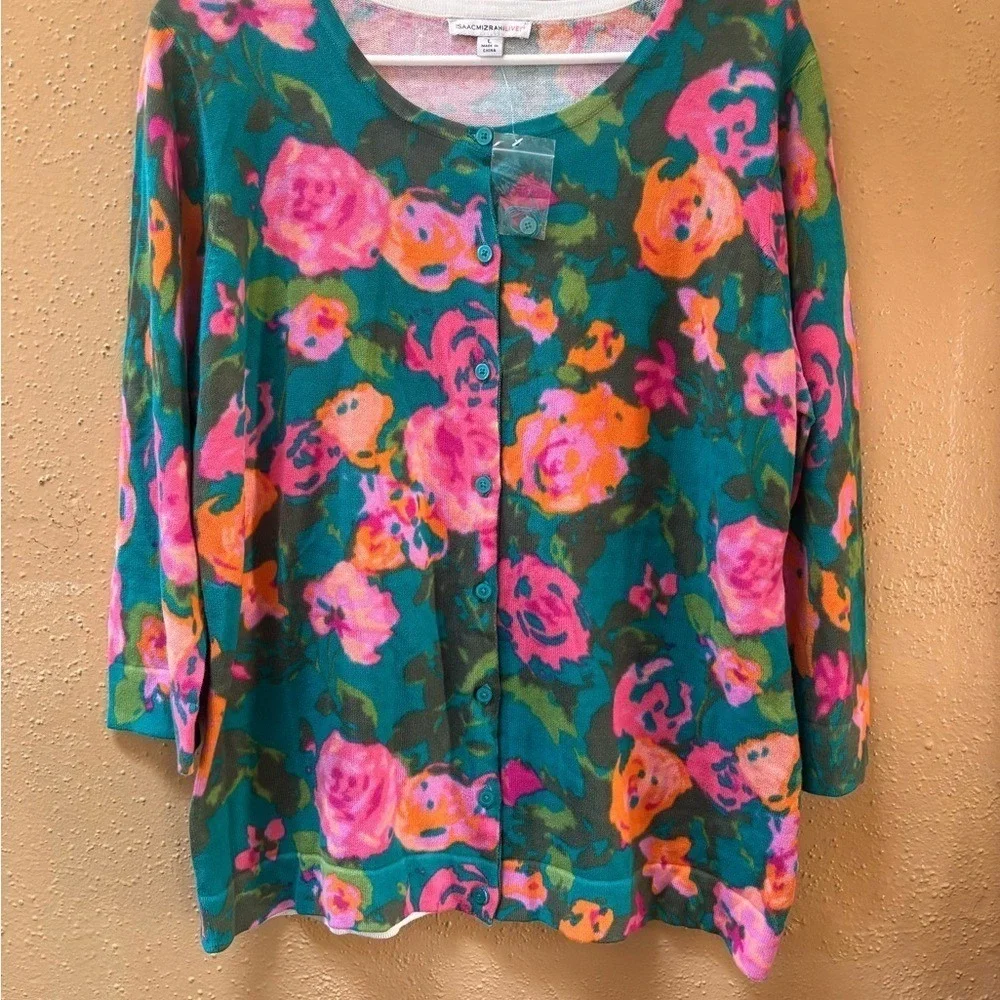 Isaac Mizrahi Live Womens Floral Cardigan Teal Pink Orange Button Front Large - Picture 1 of 5